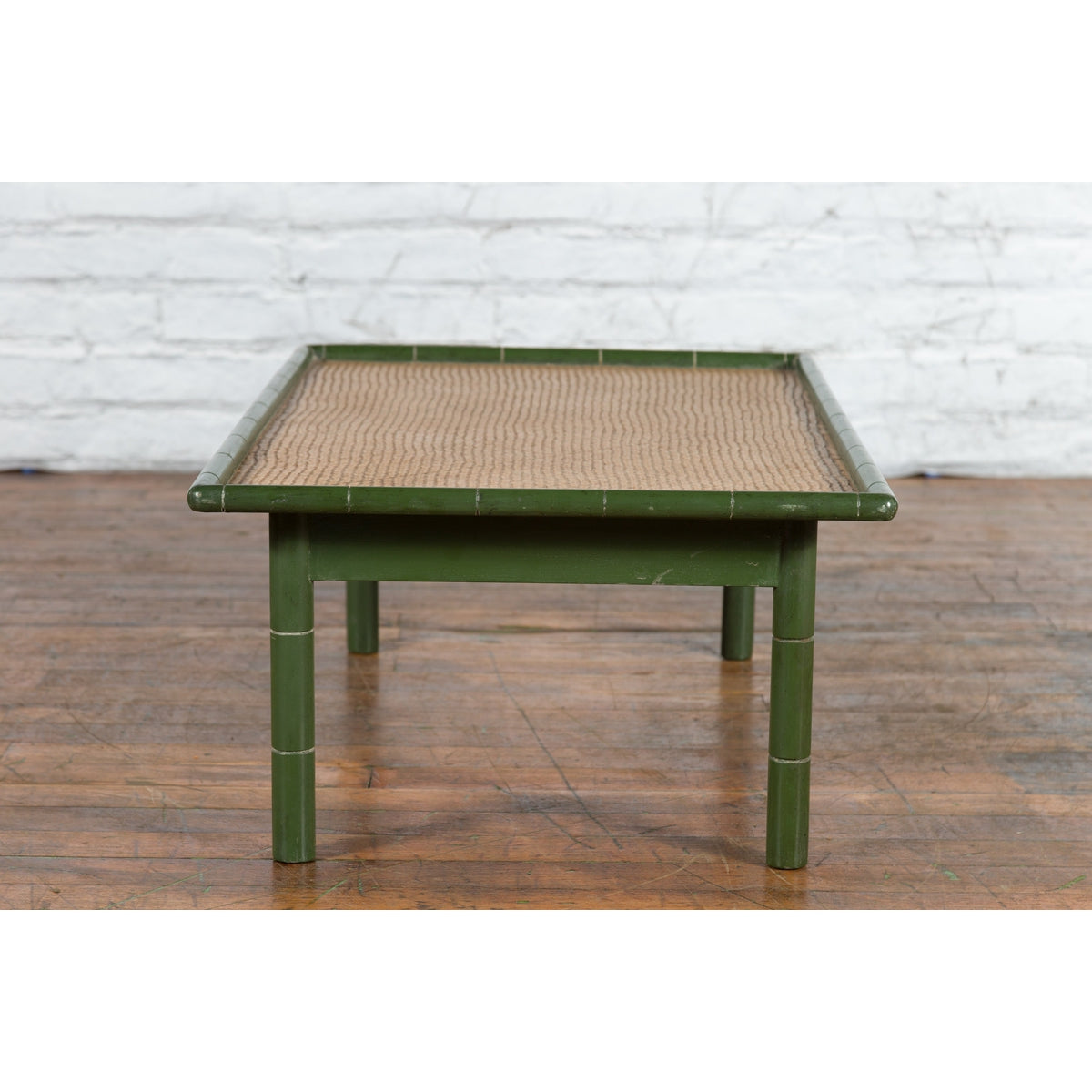 Vintage Thai Green Painted Faux Bamboo Coffee Table with Woven Rattan Top-13. Asian &amp; Chinese Furniture, Art, Antiques, Vintage Home Décor for sale at FEA Home