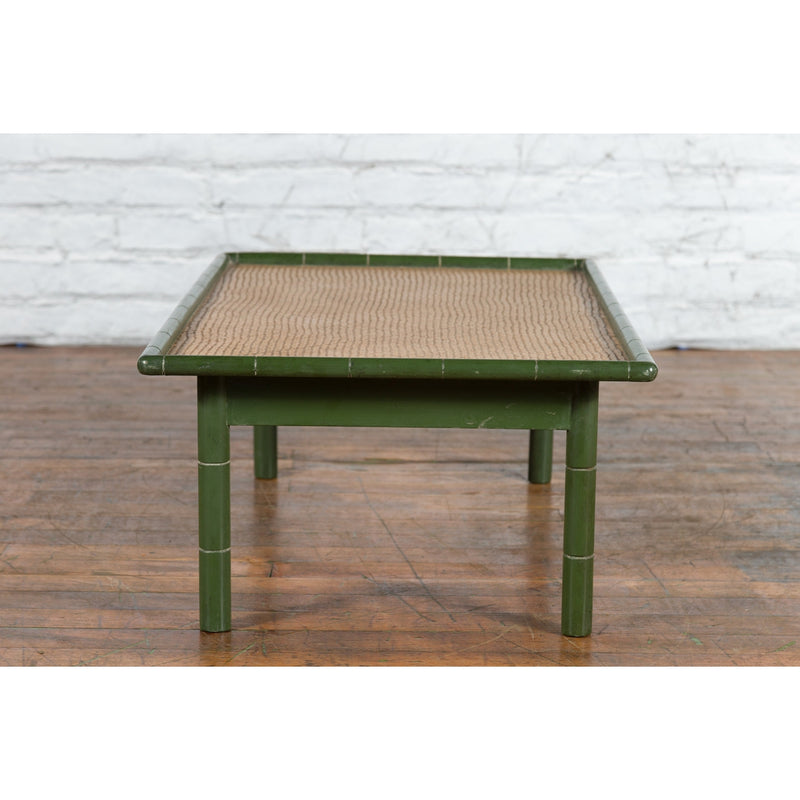 Vintage Thai Green Painted Faux Bamboo Coffee Table with Woven Rattan Top - Antique and Vintage Asian Furniture for Sale at FEA Home