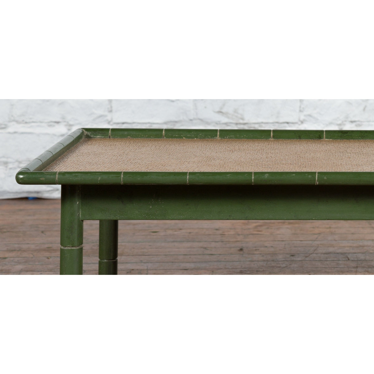 Vintage Thai Green Painted Faux Bamboo Coffee Table with Woven Rattan Top-14. Asian & Chinese Furniture, Art, Antiques, Vintage Home Décor for sale at FEA Home