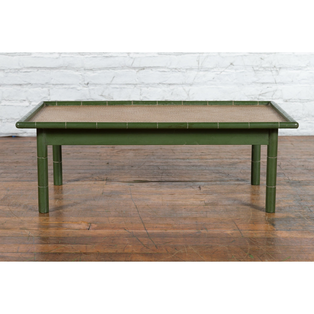 Vintage Thai Green Painted Faux Bamboo Coffee Table with Woven Rattan Top