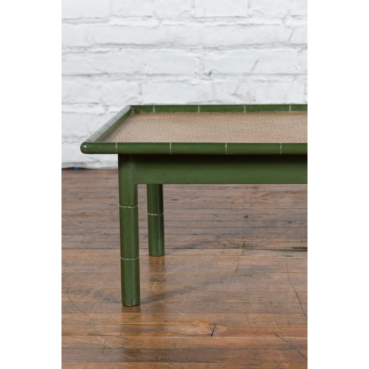 Vintage Thai Green Painted Faux Bamboo Coffee Table with Woven Rattan Top-5. Asian &amp; Chinese Furniture, Art, Antiques, Vintage Home Décor for sale at FEA Home