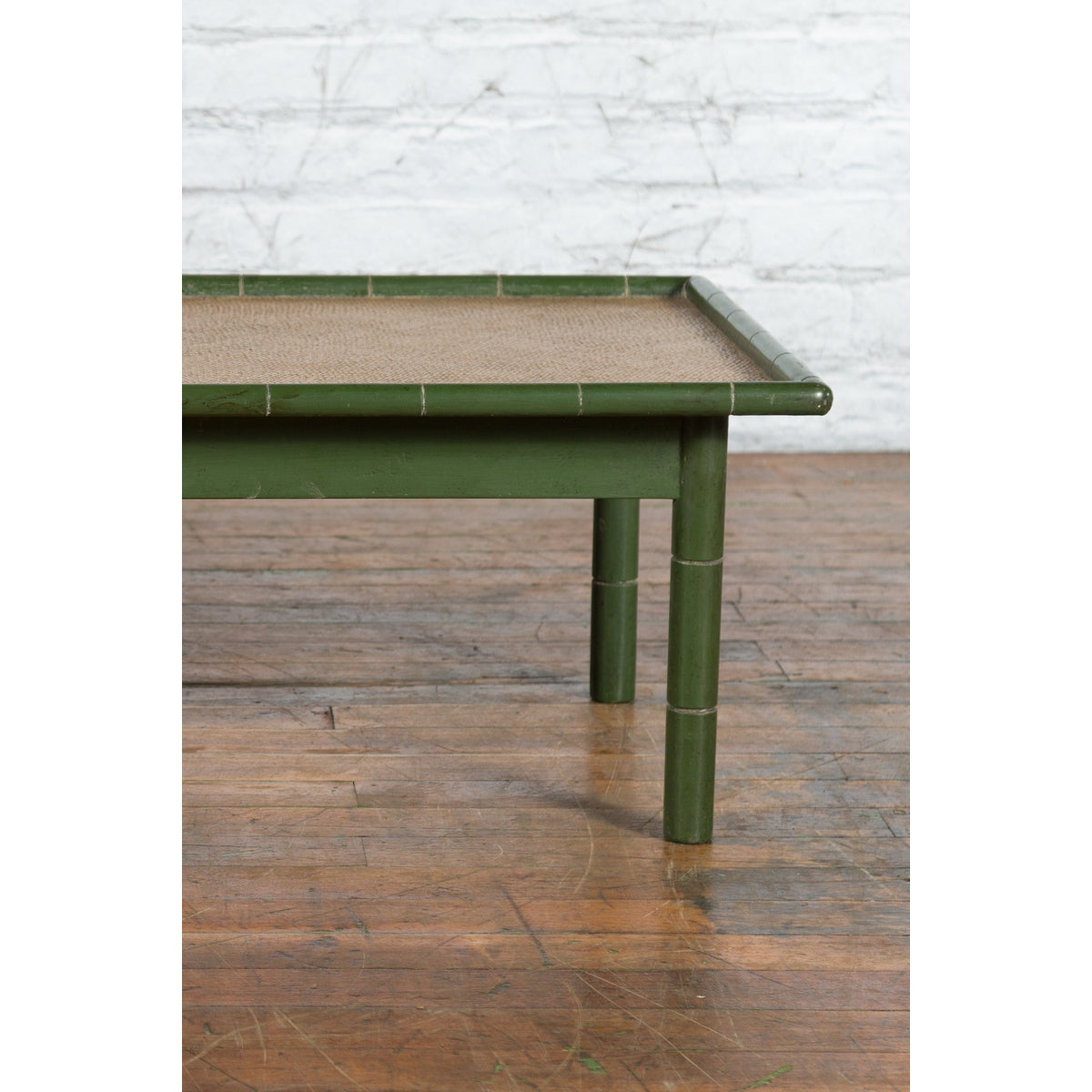 Vintage Thai Green Painted Faux Bamboo Coffee Table with Woven Rattan Top-6. Asian &amp; Chinese Furniture, Art, Antiques, Vintage Home Décor for sale at FEA Home