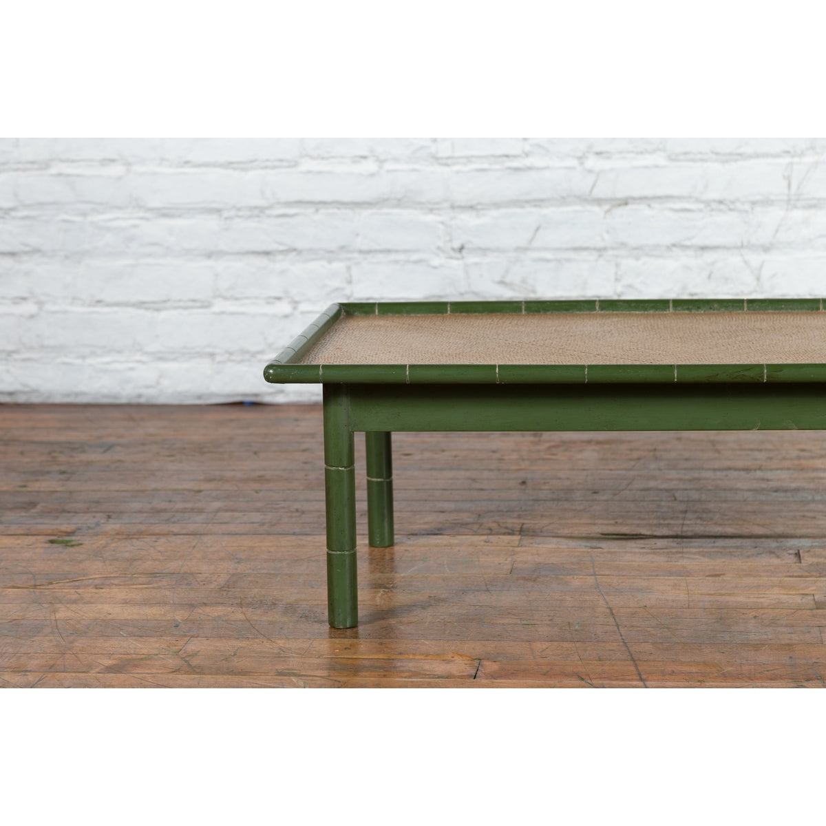 Vintage Thai Green Painted Faux Bamboo Coffee Table with Woven Rattan Top-7. Asian &amp; Chinese Furniture, Art, Antiques, Vintage Home Décor for sale at FEA Home