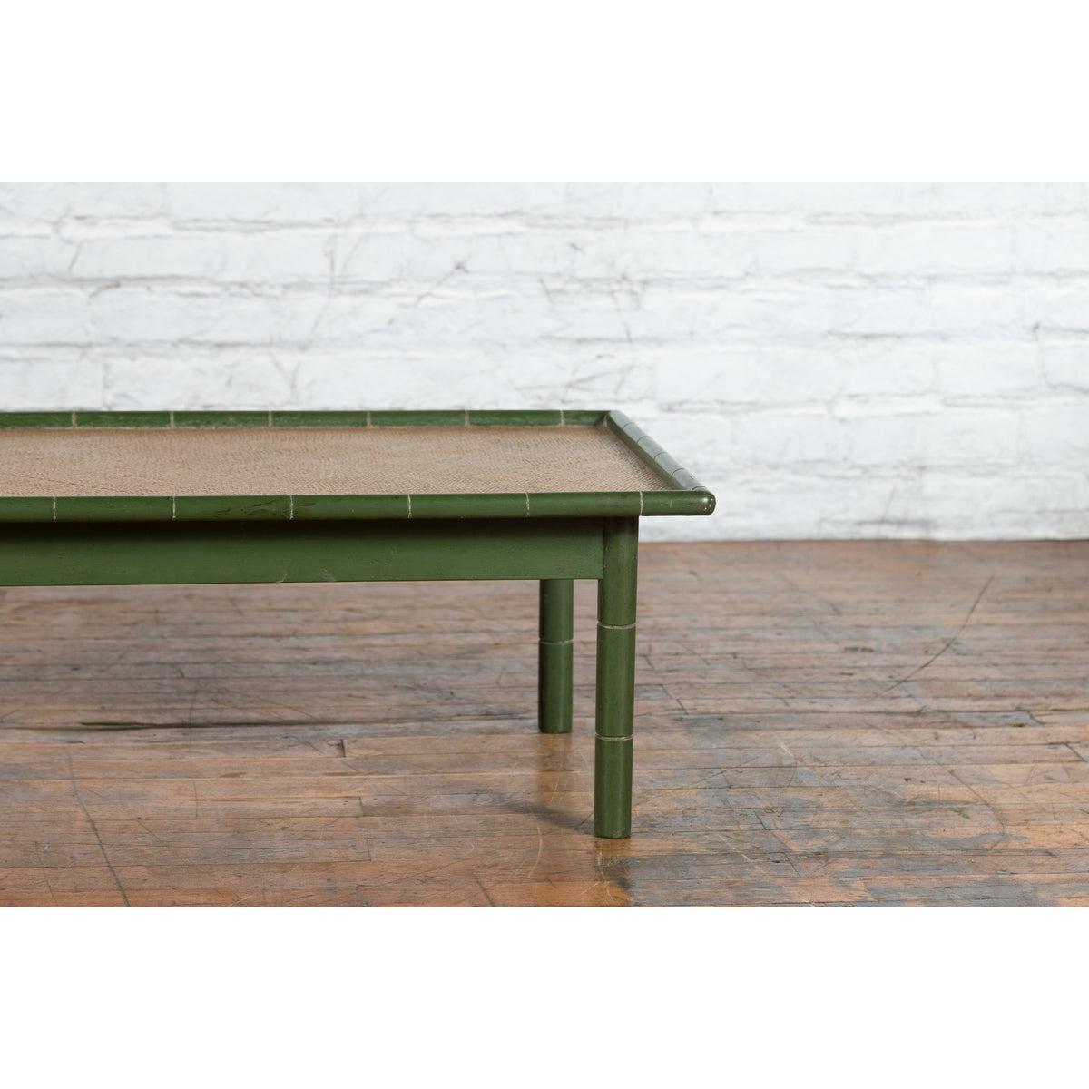 Vintage Thai Green Painted Faux Bamboo Coffee Table with Woven Rattan Top-8. Asian &amp; Chinese Furniture, Art, Antiques, Vintage Home Décor for sale at FEA Home