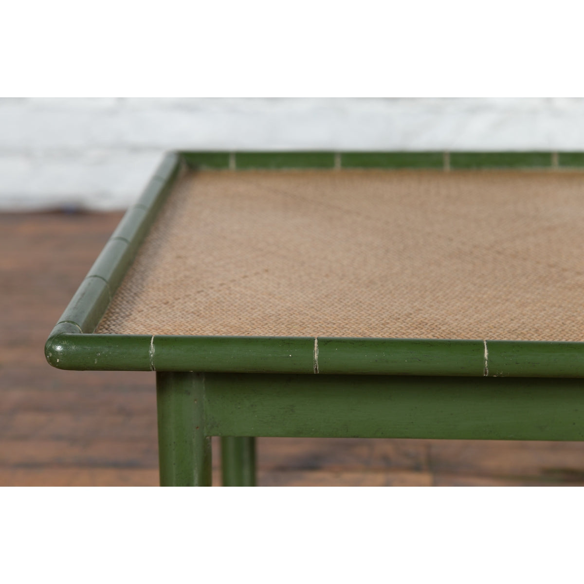 Vintage Thai Green Painted Faux Bamboo Coffee Table with Woven Rattan Top-9. Asian &amp; Chinese Furniture, Art, Antiques, Vintage Home Décor for sale at FEA Home