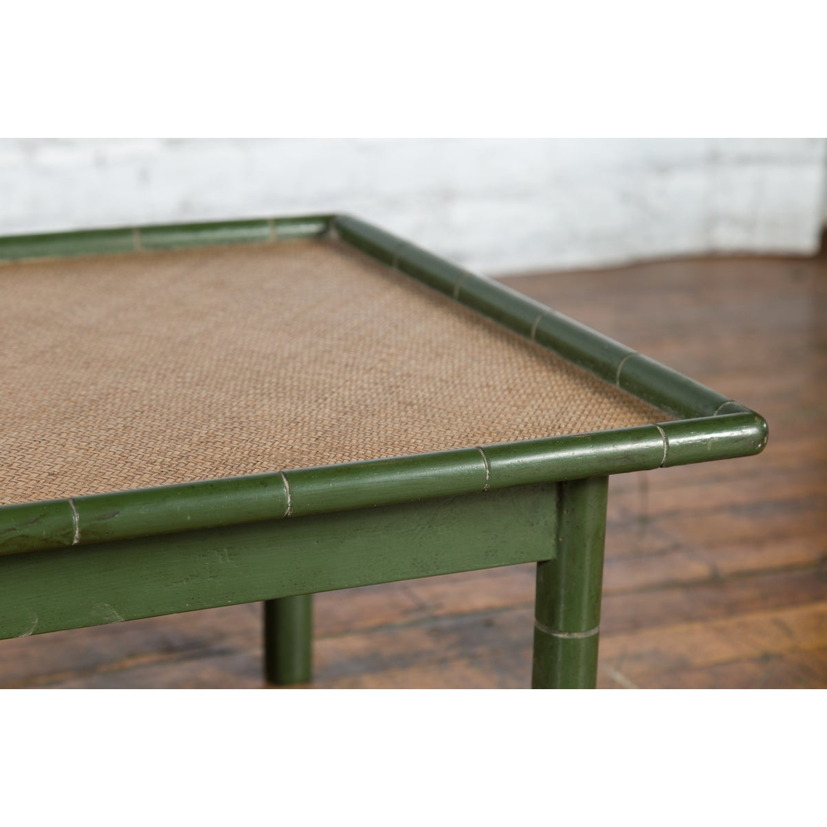 Vintage Thai Green Painted Faux Bamboo Coffee Table with Woven Rattan Top-10. Asian &amp; Chinese Furniture, Art, Antiques, Vintage Home Décor for sale at FEA Home