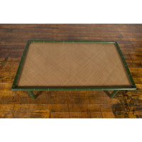 Vintage Thai Green Painted Faux Bamboo Coffee Table with Woven Rattan Top