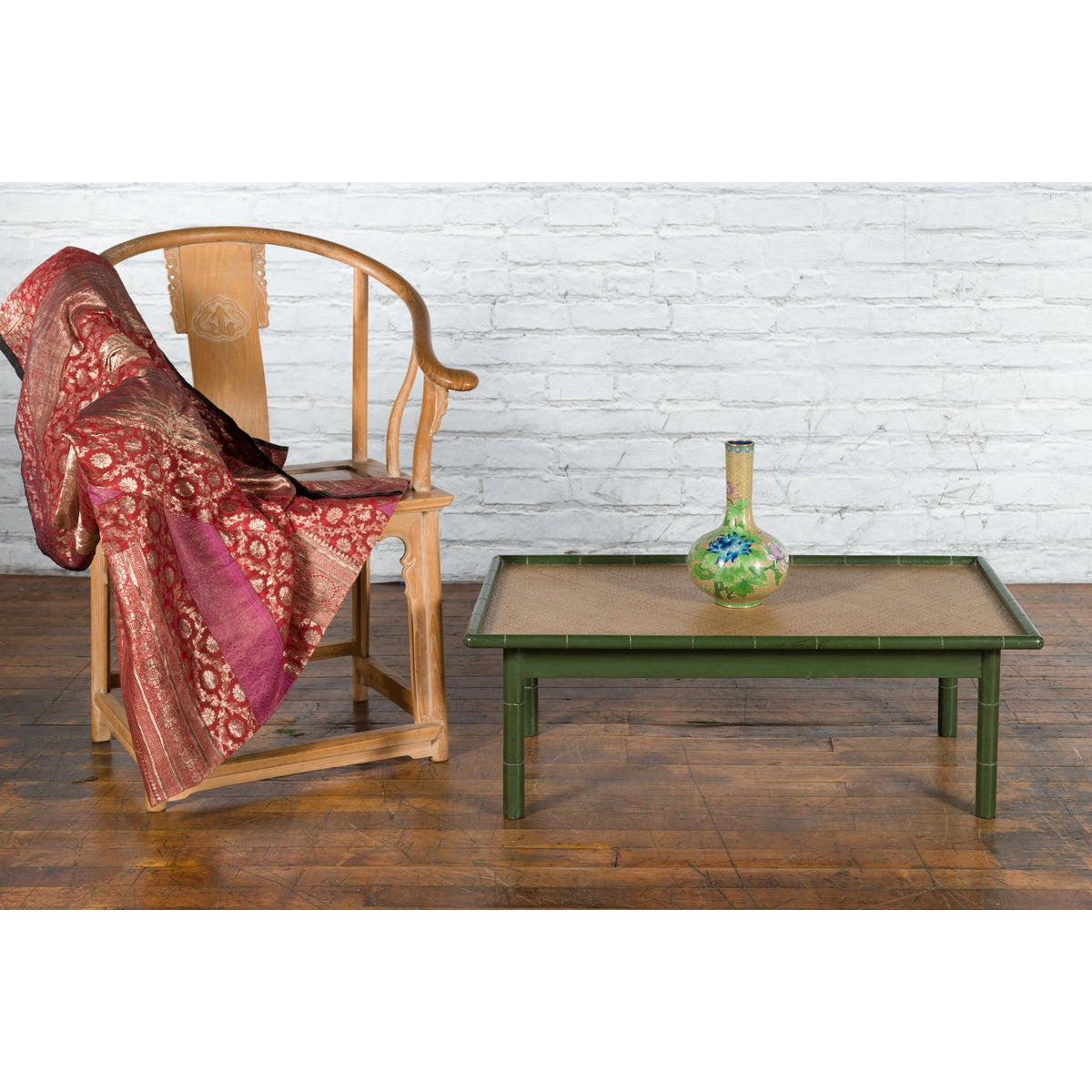 Vintage Thai Green Painted Faux Bamboo Coffee Table with Woven Rattan Top