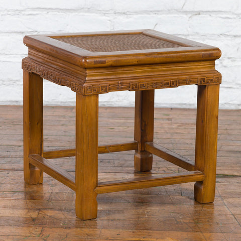 Chinese Early 20th Century Side Table with Carved Apron and Woven Rattan Top - Antique Chinese and Vintage Asian Furniture for Sale at FEA Home