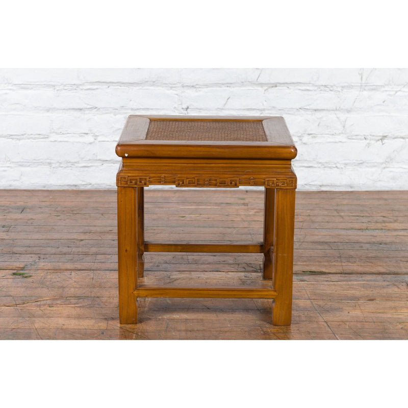 Chinese Early 20th Century Side Table with Carved Apron and Woven Rattan Top - Antique Chinese and Vintage Asian Furniture for Sale at FEA Home