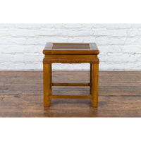 Chinese Early 20th Century Side Table with Carved Apron and Woven Rattan Top