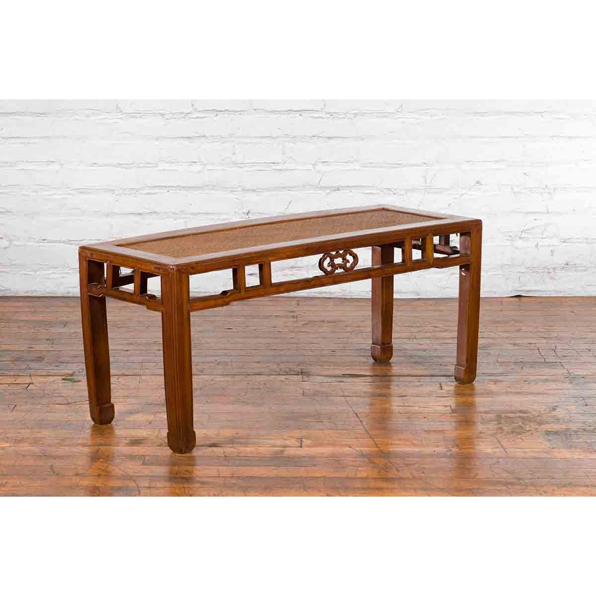 Qing Dynasty 19th Century Chinese Coffee Table with Rattan Top and Carved Apron-4. Asian &amp; Chinese Furniture, Art, Antiques, Vintage Home Décor for sale at FEA Home
