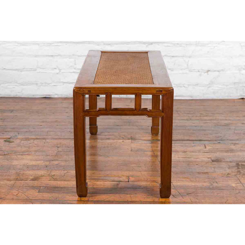 Qing Dynasty 19th Century Chinese Coffee Table with Rattan Top and Carved Apron