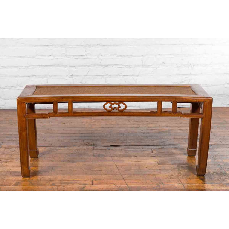 Qing Dynasty 19th Century Chinese Coffee Table with Rattan Top and Carved Apron
