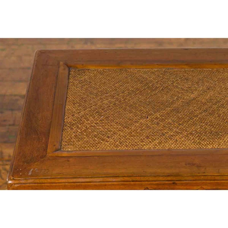 Qing Dynasty 19th Century Chinese Coffee Table with Rattan Top and Carved Apron