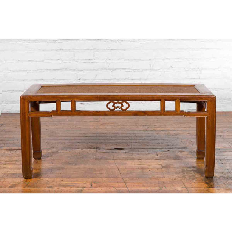 Qing Dynasty 19th Century Chinese Coffee Table with Rattan Top and Carved Apron