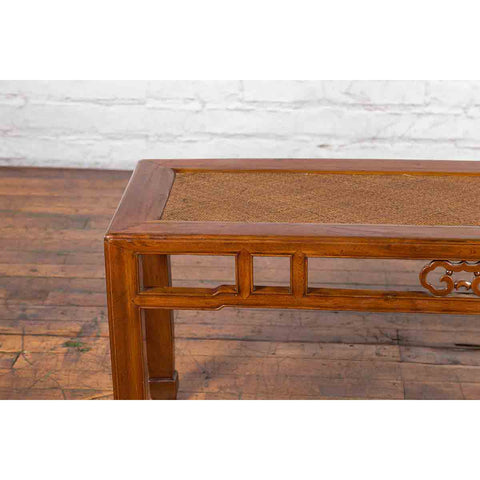 Qing Dynasty 19th Century Chinese Coffee Table with Rattan Top and Carved Apron