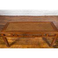 Qing Dynasty 19th Century Chinese Coffee Table with Rattan Top and Carved Apron