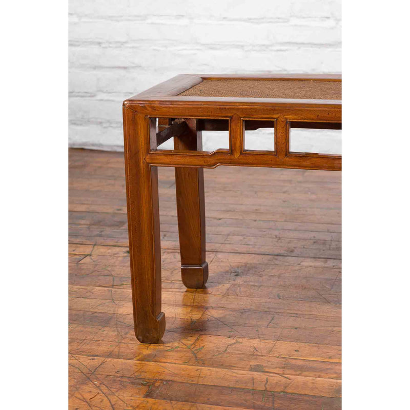 Qing Dynasty 19th Century Chinese Coffee Table with Rattan Top and Carved Apron