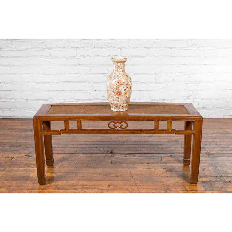 Qing Dynasty 19th Century Chinese Coffee Table with Rattan Top and Carved Apron