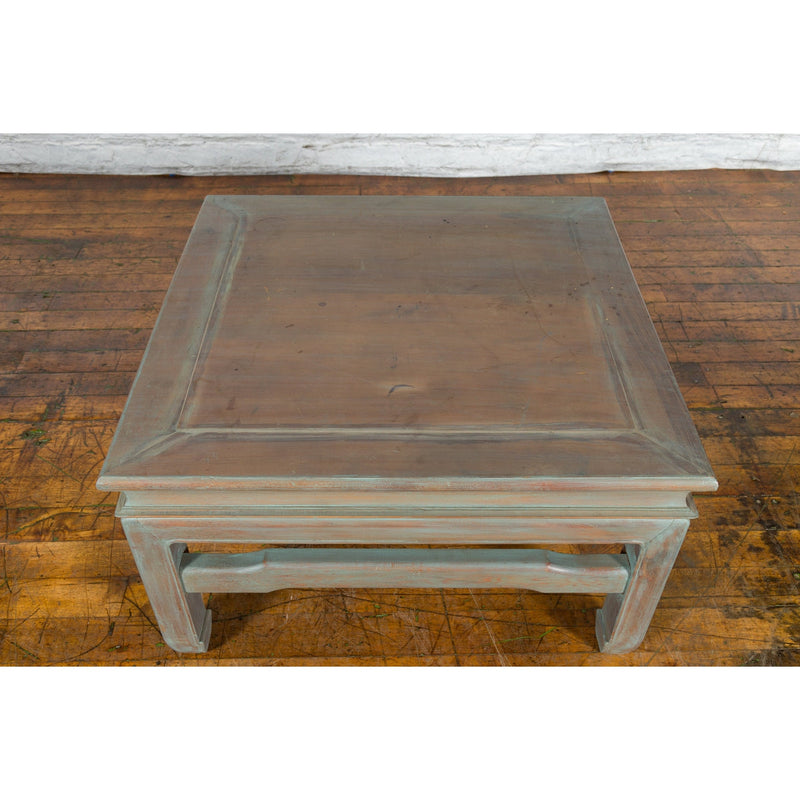 Vintage Thai Blue Washed Teakwood Waisted Coffee Table with Horse Hoof Legs-YN3331-10. Asian & Chinese Furniture, Art, Antiques, Vintage Home Décor for sale at FEA Home
