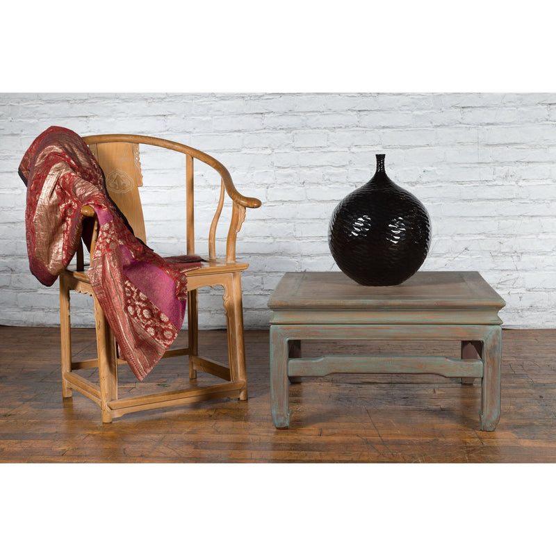 Vintage Thai Blue Washed Teakwood Waisted Coffee Table with Horse Hoof Legs-YN3331-3. Asian & Chinese Furniture, Art, Antiques, Vintage Home Décor for sale at FEA Home