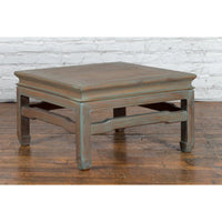 Vintage Thai Blue Washed Teakwood Waisted Coffee Table with Horse Hoof Legs