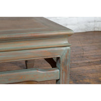 Vintage Thai Blue Washed Teakwood Waisted Coffee Table with Horse Hoof Legs