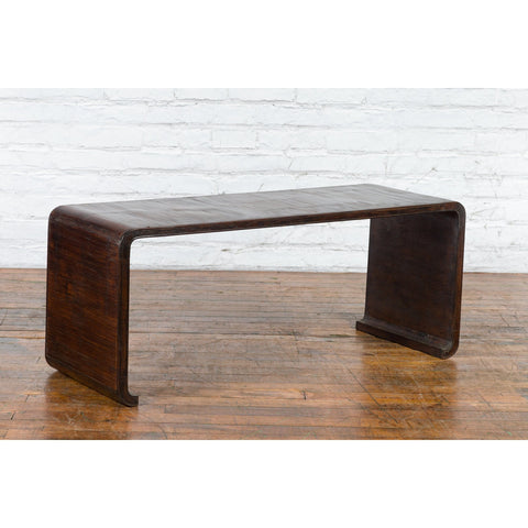 Burmese Vintage Waterfall Coffee Table with Opium Mat Inset and Scrolling Feet - Antique Chinese and Vintage Asian Furniture for Sale at FEA Home