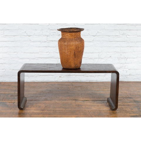 Burmese Vintage Waterfall Coffee Table with Opium Mat Inset and Scrolling Feet - Antique Chinese and Vintage Asian Furniture for Sale at FEA Home