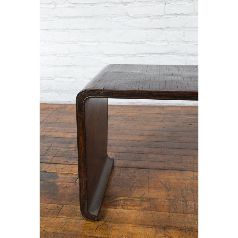Burmese Vintage Waterfall Coffee Table with Opium Mat Inset and Scrolling Feet - Antique Chinese and Vintage Asian Furniture for Sale at FEA Home