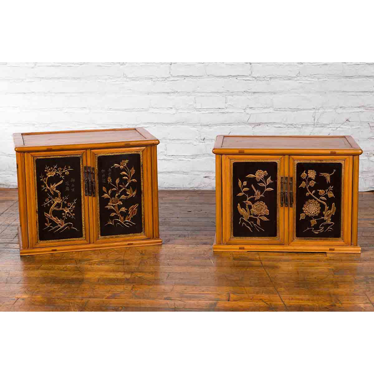 Two Chinese Qing Dynasty Fruitwood Side Cabinets with Carved Décor, Sold Each-2. Asian & Chinese Furniture, Art, Antiques, Vintage Home Décor for sale at FEA Home