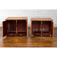 Two Chinese Qing Dynasty Fruitwood Side Cabinets with Carved Décor, Sold Each