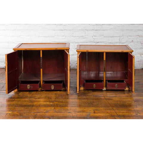 Two Chinese Qing Dynasty Fruitwood Side Cabinets with Carved Décor, Sold Each
