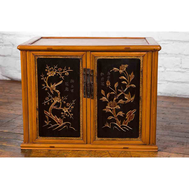 Two Chinese Qing Dynasty Fruitwood Side Cabinets with Carved Décor, Sold Each