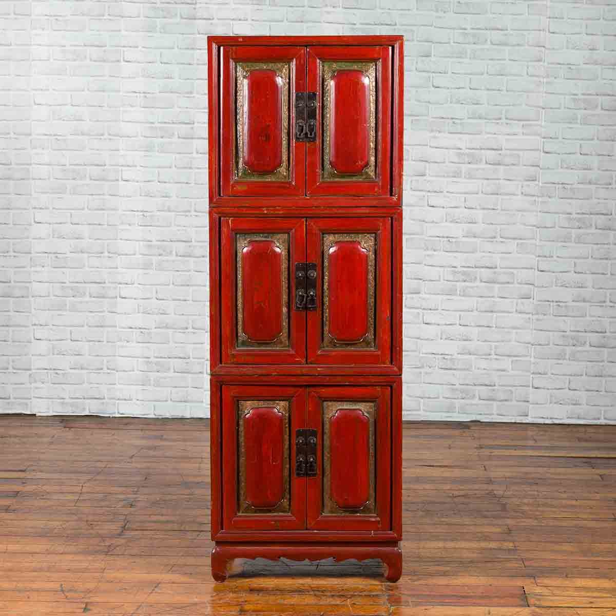 Three Piece Stacked Red Lacquered Cabinet-2. Asian & Chinese Furniture, Art, Antiques, Vintage Home Décor for sale at FEA Home