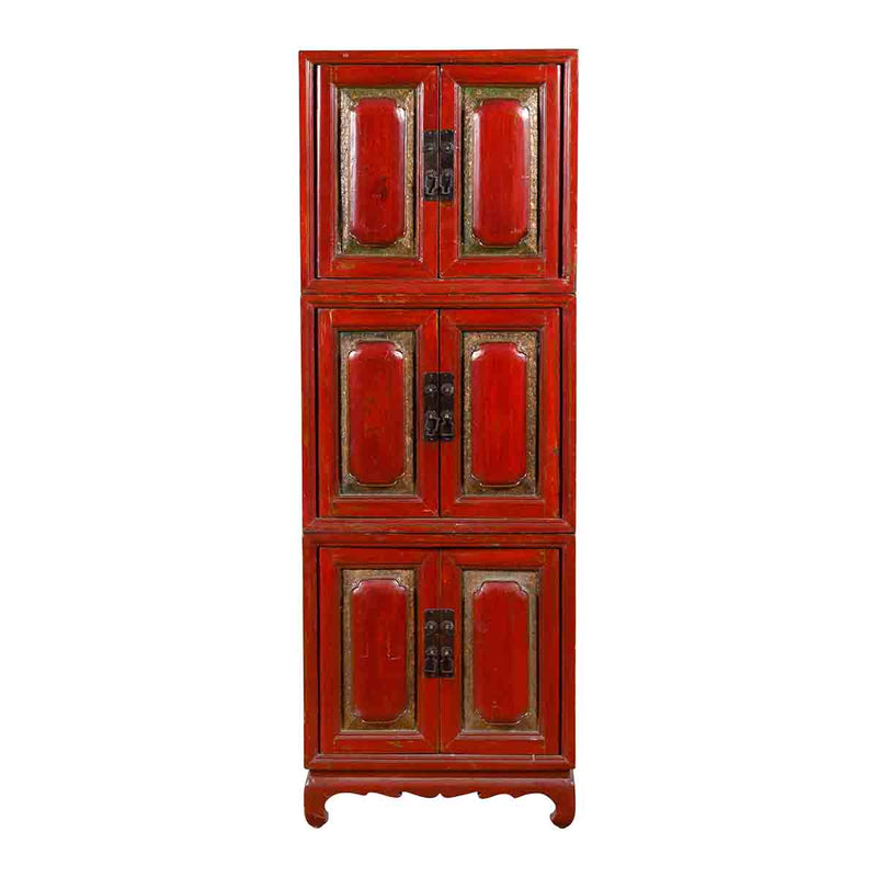 Three Section Chinese Antique Red Lacquer Cabinet- Asian Antiques, Vintage Home Decor & Chinese Furniture - FEA Home
