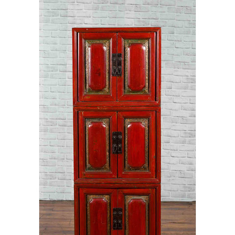 Three Piece Stacked Red Lacquered Cabinet