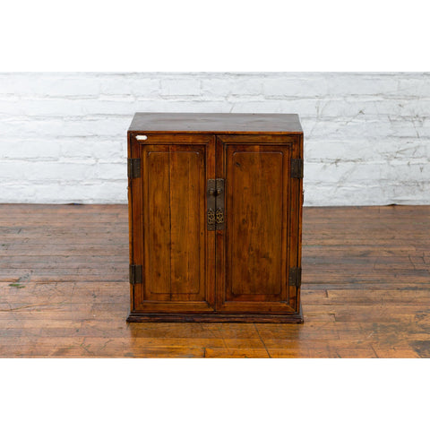 Chinese Early 20th Century Elmwood and Brass Side Cabinet with Raised Panels - Antique Chinese and Vintage Asian Furniture for Sale at FEA Home