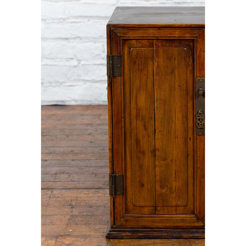 Chinese Early 20th Century Elmwood and Brass Side Cabinet with Raised Panels - Antique Chinese and Vintage Asian Furniture for Sale at FEA Home