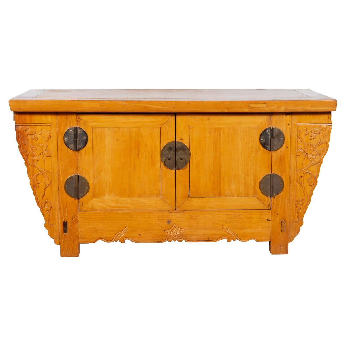 Chinese Antique Elm Wood Sideboard with Carved Spandrels and Bronze Hardware-1. Asian & Chinese Furniture, Art, Antiques, Vintage Home Décor for sale at FEA Home