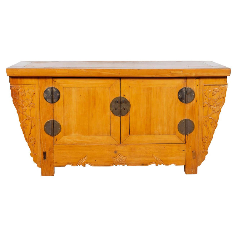 Chinese Antique Elm Wood Sideboard with Carved Spandrels and Bronze Hardware-YN3406-1. Asian & Chinese Furniture, Art, Antiques, Vintage Home Décor for sale at FEA Home