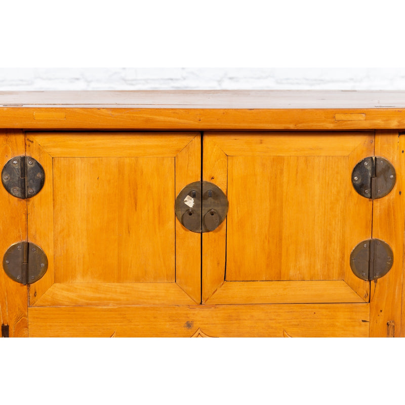 Chinese Antique Elm Wood Sideboard with Carved Spandrels and Bronze Hardware-YN3406-10. Asian & Chinese Furniture, Art, Antiques, Vintage Home Décor for sale at FEA Home