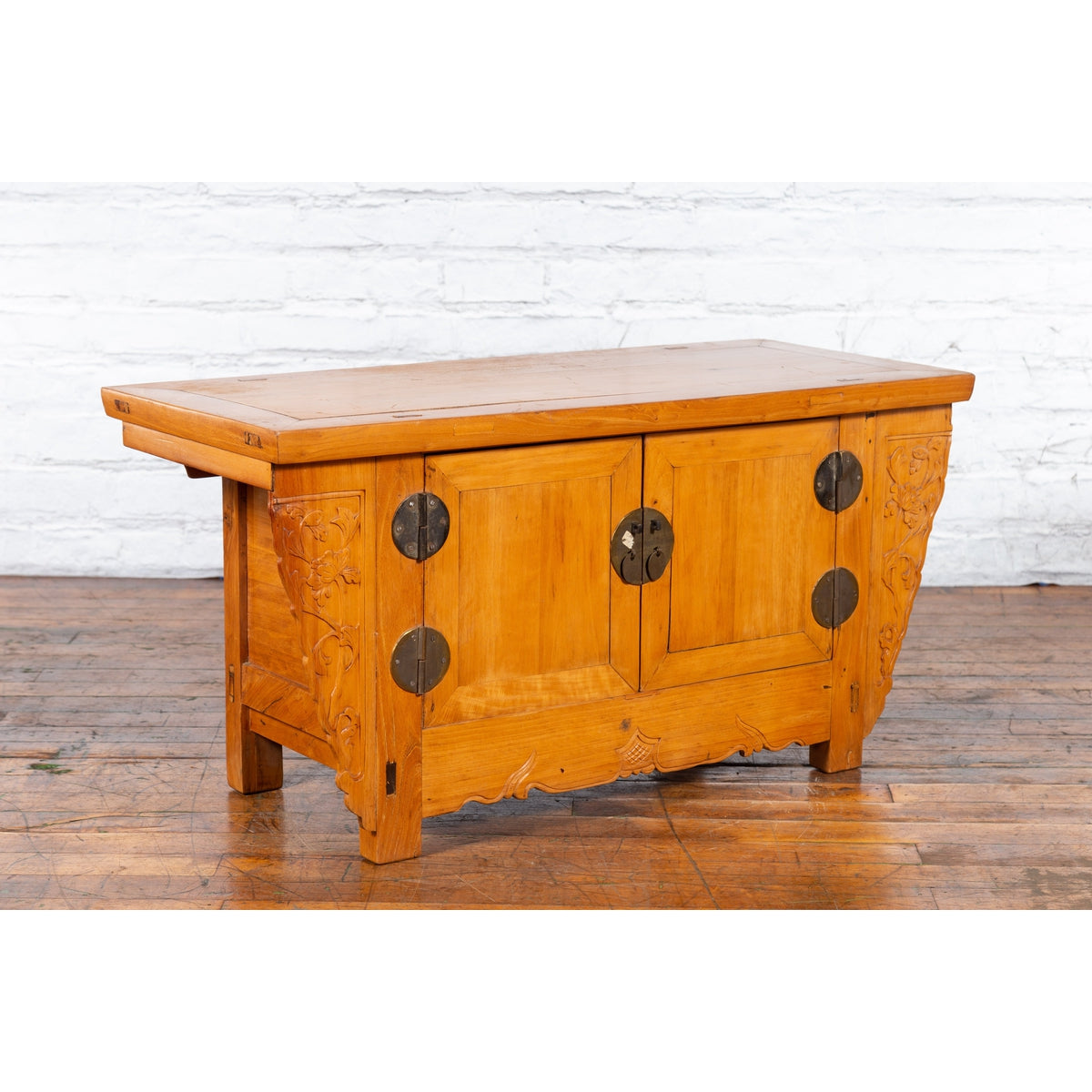 Chinese Antique Elm Wood Sideboard with Carved Spandrels and Bronze Hardware-13. Asian &amp; Chinese Furniture, Art, Antiques, Vintage Home Décor for sale at FEA Home