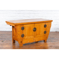 Chinese Antique Elm Wood Sideboard with Carved Spandrels and Bronze Hardware