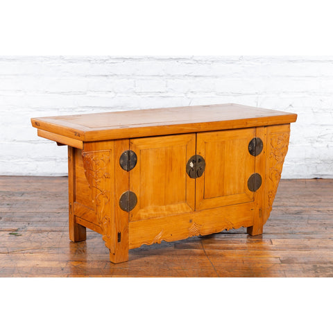 Chinese Antique Elm Wood Sideboard with Carved Spandrels and Bronze Hardware-YN3406-13. Asian & Chinese Furniture, Art, Antiques, Vintage Home Décor for sale at FEA Home