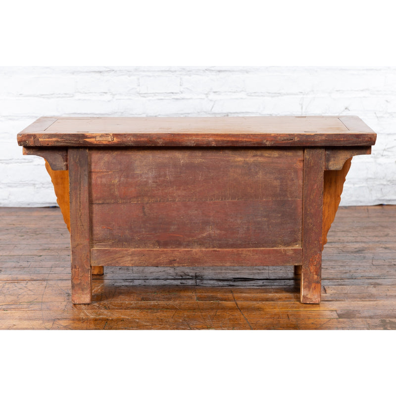 Chinese Antique Elm Wood Sideboard with Carved Spandrels and Bronze Hardware-YN3406-15. Asian & Chinese Furniture, Art, Antiques, Vintage Home Décor for sale at FEA Home