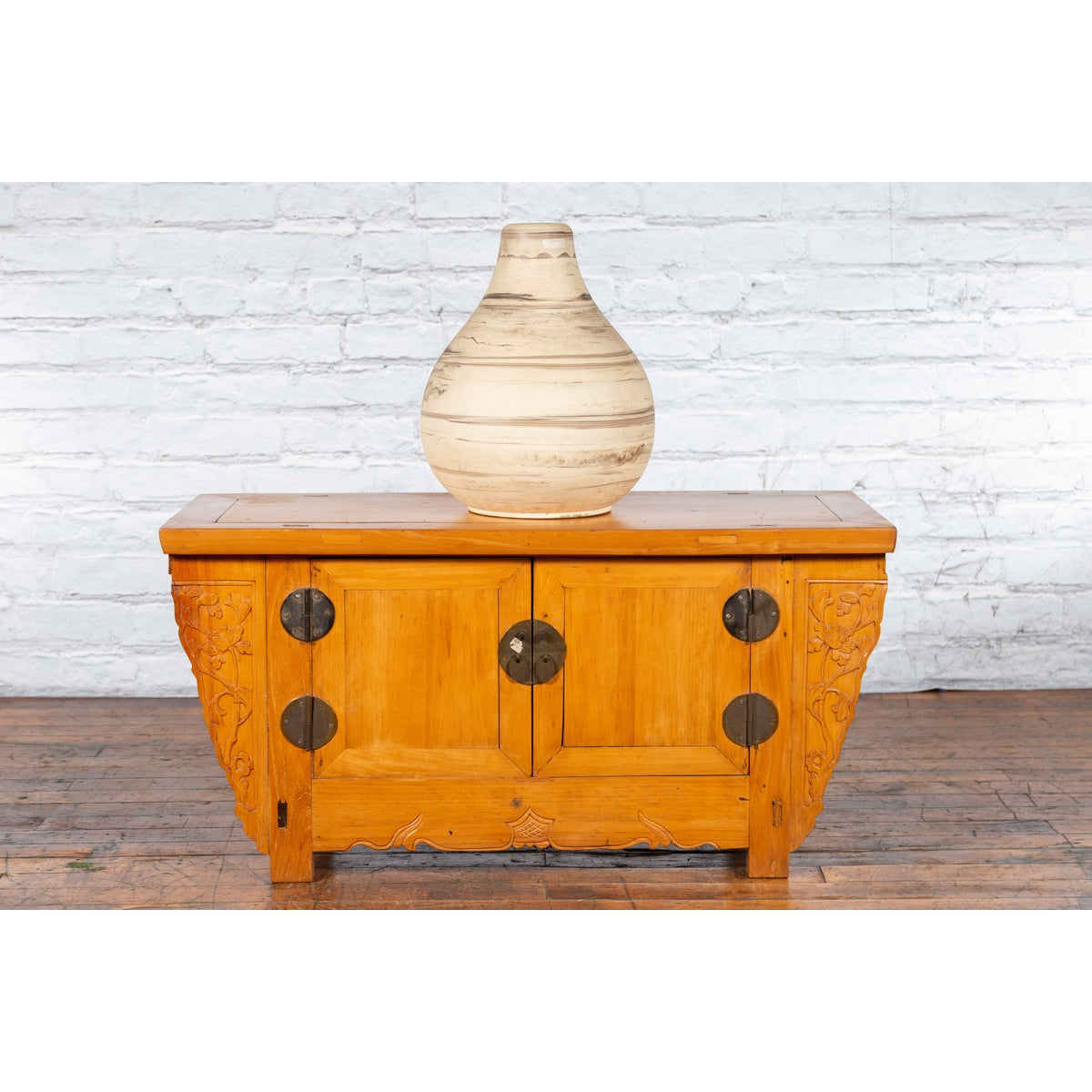Chinese Antique Elm Wood Sideboard with Carved Spandrels and Bronze Hardware-4. Asian &amp; Chinese Furniture, Art, Antiques, Vintage Home Décor for sale at FEA Home