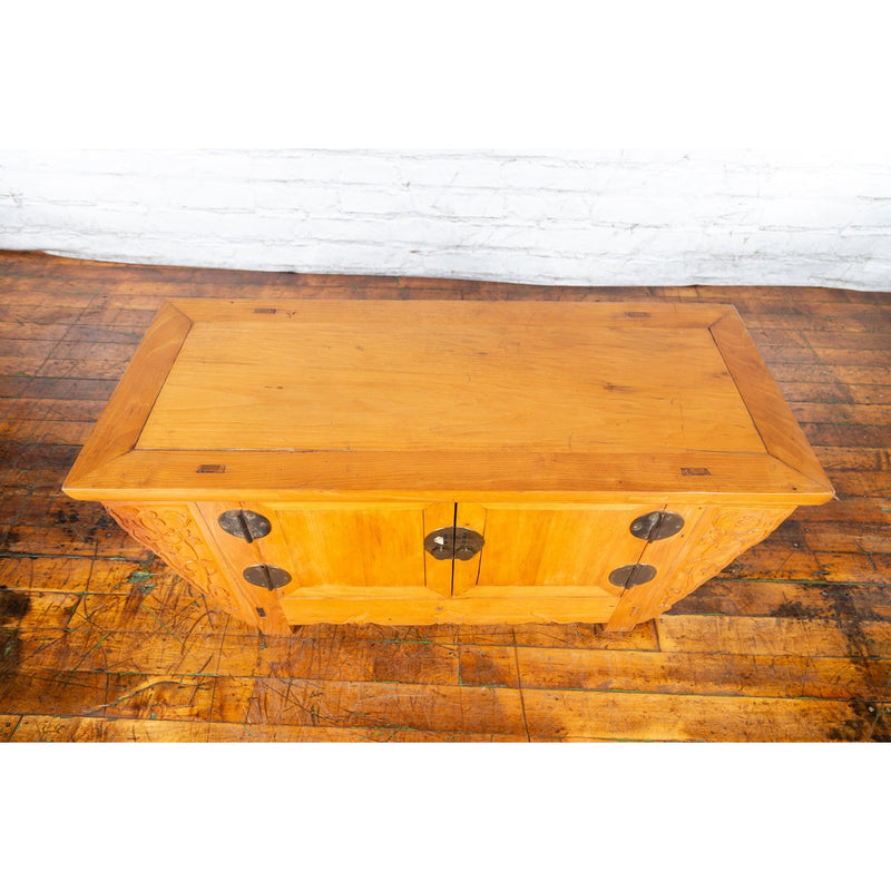 Chinese Antique Elm Wood Sideboard with Carved Spandrels and Bronze Hardware-YN3406-5. Asian & Chinese Furniture, Art, Antiques, Vintage Home Décor for sale at FEA Home