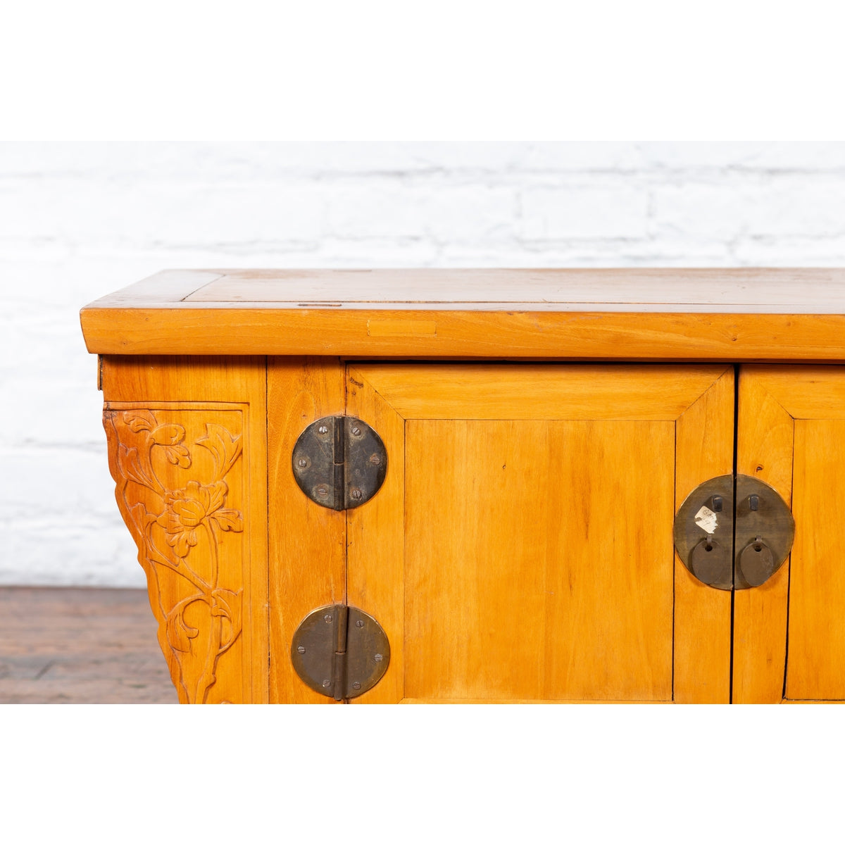 Chinese Antique Elm Wood Sideboard with Carved Spandrels and Bronze Hardware-6. Asian &amp; Chinese Furniture, Art, Antiques, Vintage Home Décor for sale at FEA Home